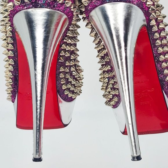 CHRISTIAN LOUBOUTIN Pumps Lady Peep Spike 150 Heels 36 Turquoise Violet Silver - Picture 9 of 10